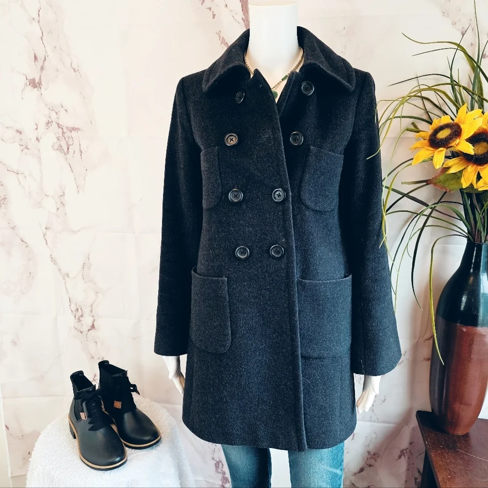 J. Crew Women's Longer Length Wool Black Double-Breasted Pea Coat - Picture 3 of 8